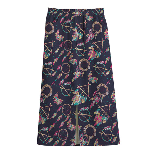 Native American Dream Catcher Print Cotton Front Slit Maxi Skirt