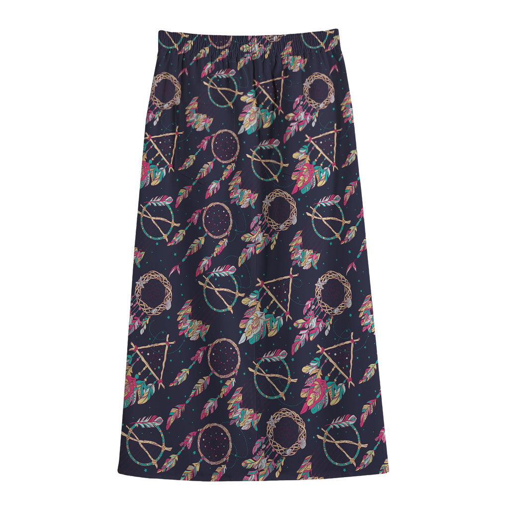 Native American Dream Catcher Print Cotton Front Slit Maxi Skirt