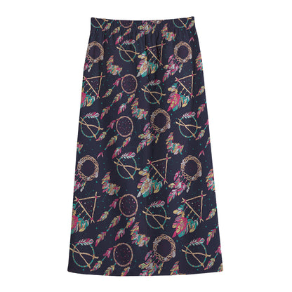Native American Dream Catcher Print Cotton Front Slit Maxi Skirt