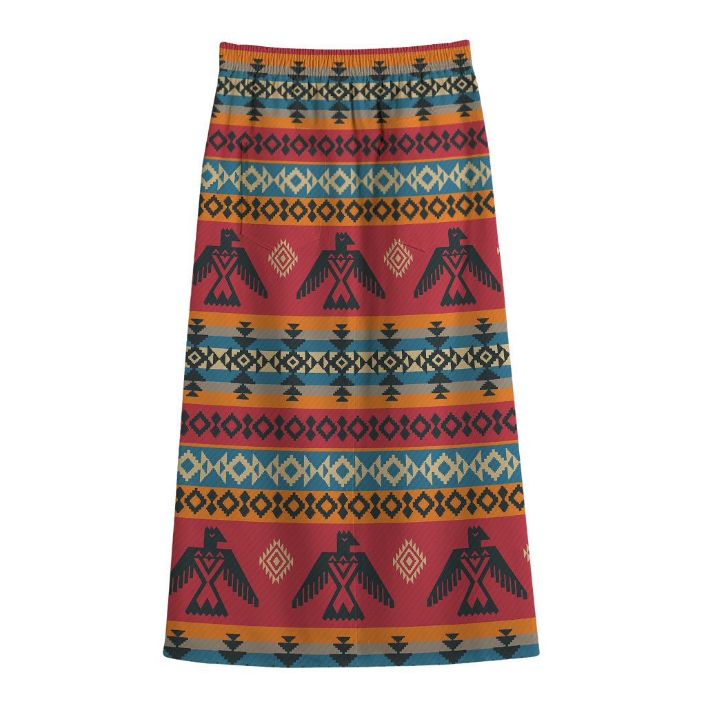 Native American Eagle Pattern Print Cotton Front Slit Maxi Skirt