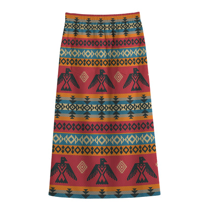 Native American Eagle Pattern Print Cotton Front Slit Maxi Skirt