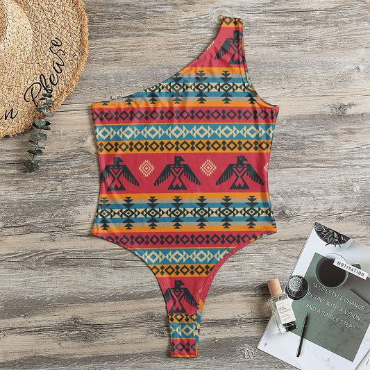 Native American Eagle Pattern Print One Shoulder Bodysuit