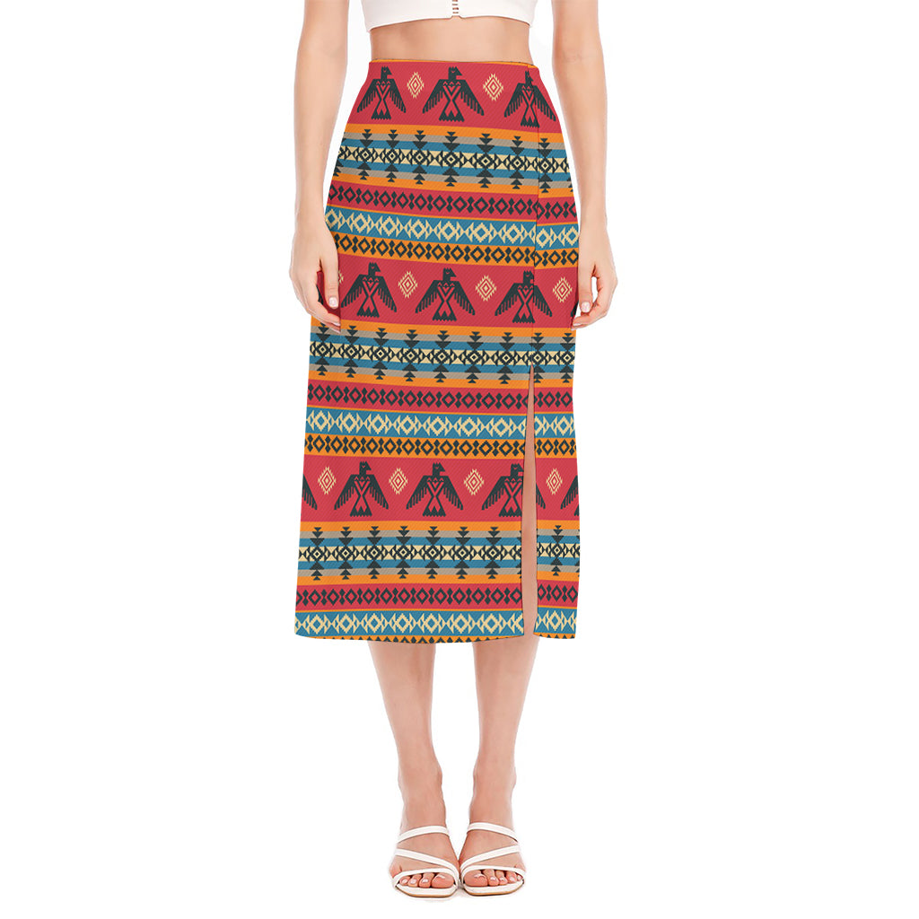 Native American Eagle Pattern Print Side Slit Midi Skirt