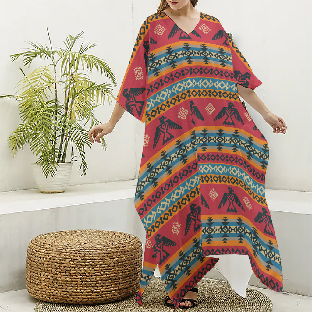 Native American Eagle Pattern Print Silk V-Neck Kaftan Dress