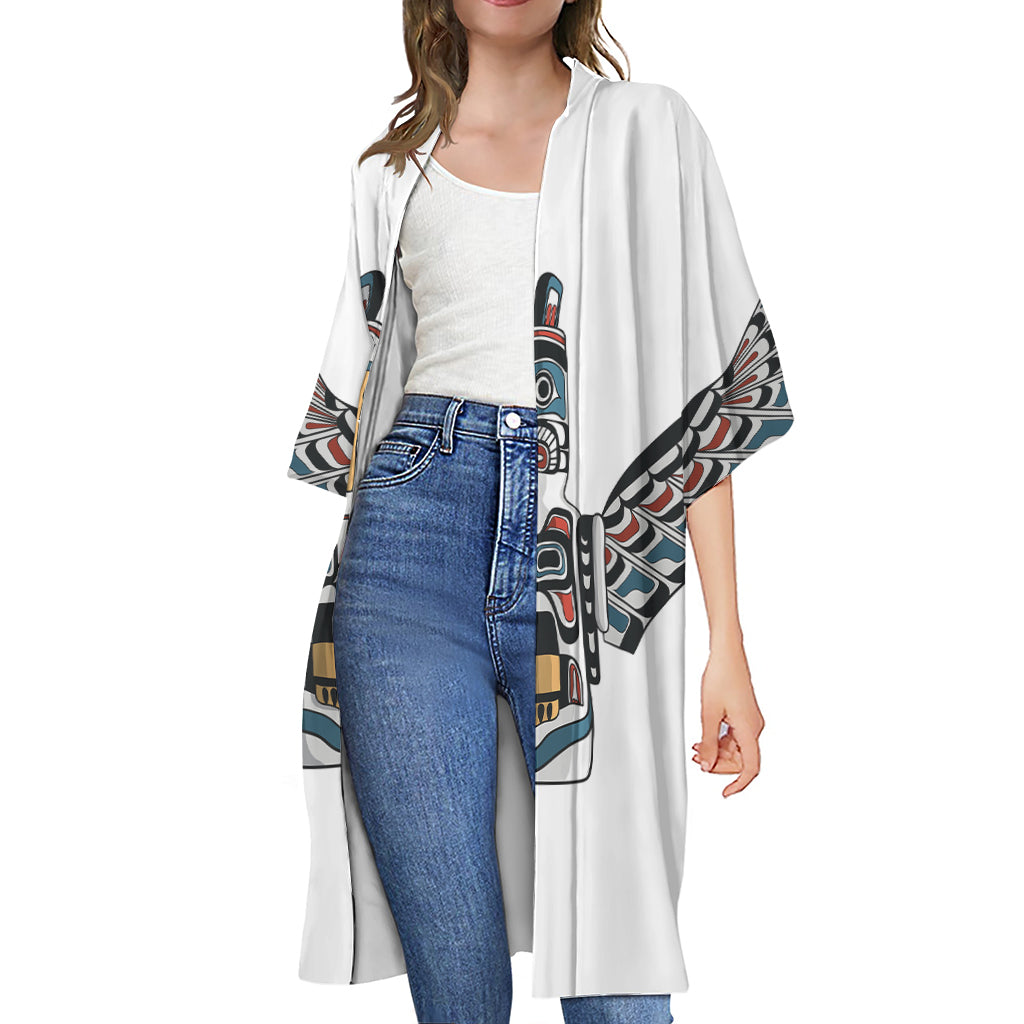 Native American Eagle Totem Print Open Front Beach Cover Up
