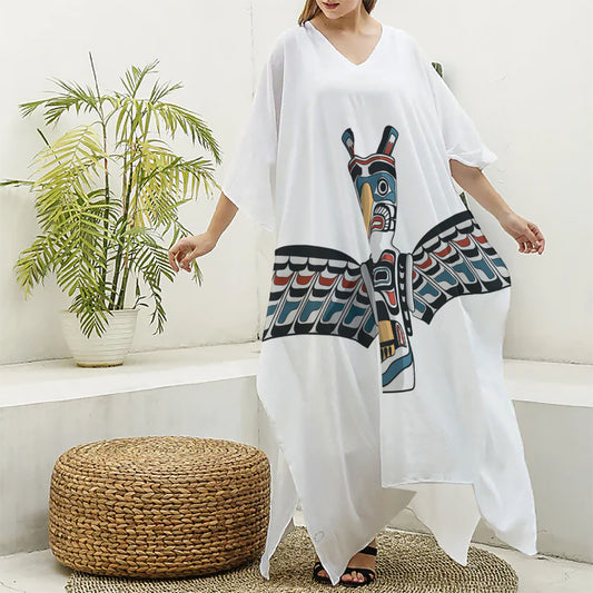 Native American Eagle Totem Print Silk V-Neck Kaftan Dress