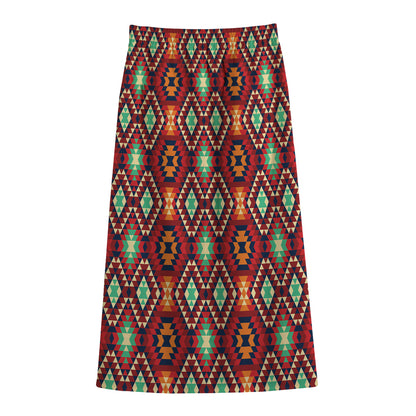 Native American Geometric Pattern Print Cotton Front Slit Maxi Skirt