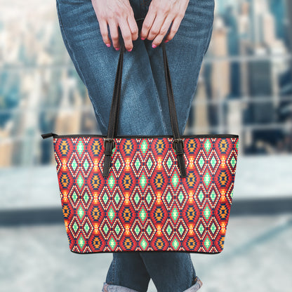 Native American Geometric Pattern Print Leather Tote Bag