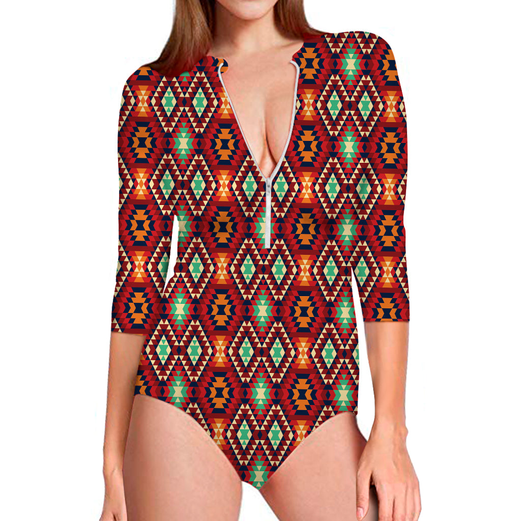 Native American Geometric Pattern Print Long Sleeve Swimsuit