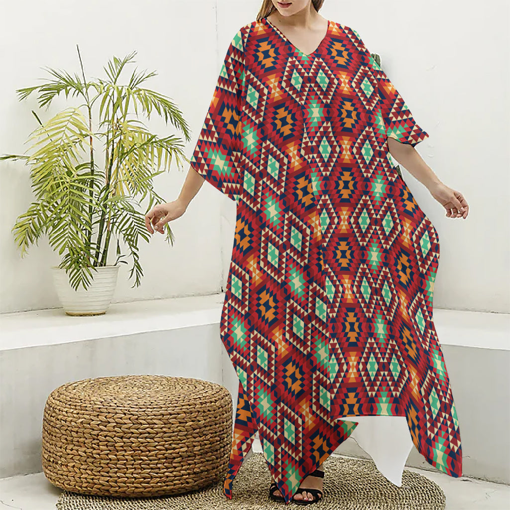 Native American Geometric Pattern Print Silk V-Neck Kaftan Dress
