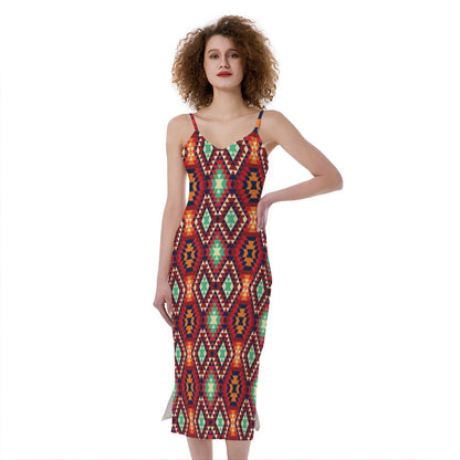 Native American Geometric Pattern Print Slim Fit Midi Cami Dress