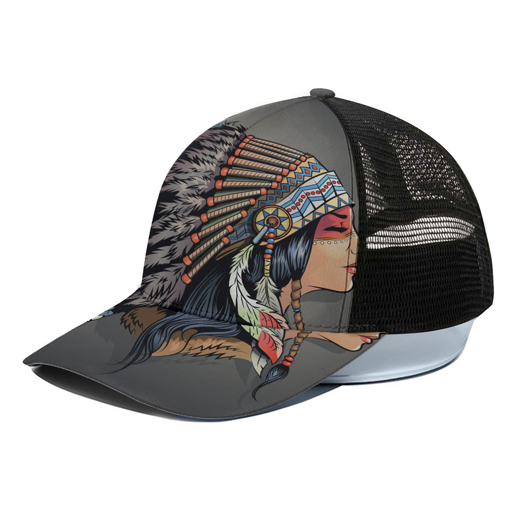 Native American Indian Girl Print Black Mesh Trucker Cap
