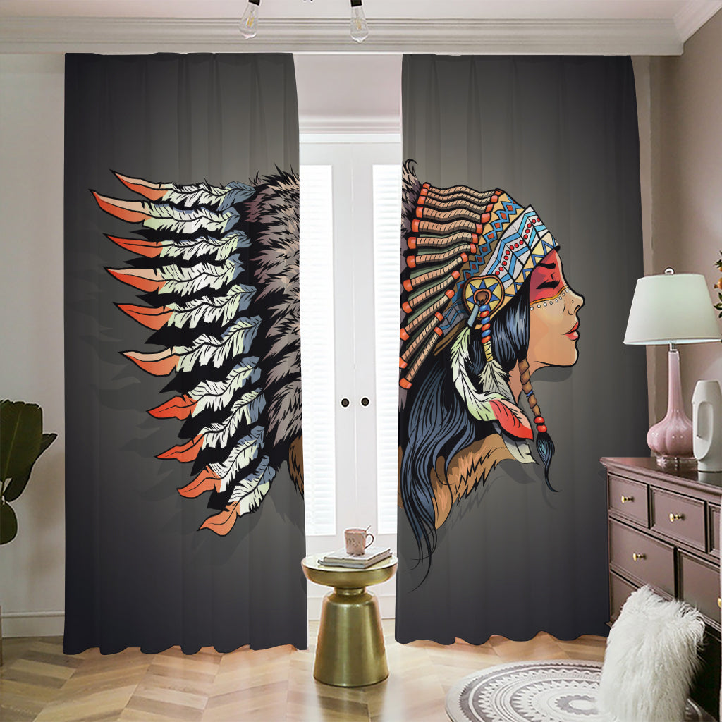 Native American Indian Girl Print Blackout Pencil Pleat Curtains