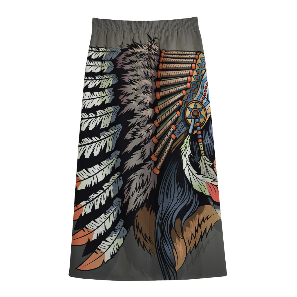 Native American Indian Girl Print Cotton Front Slit Maxi Skirt