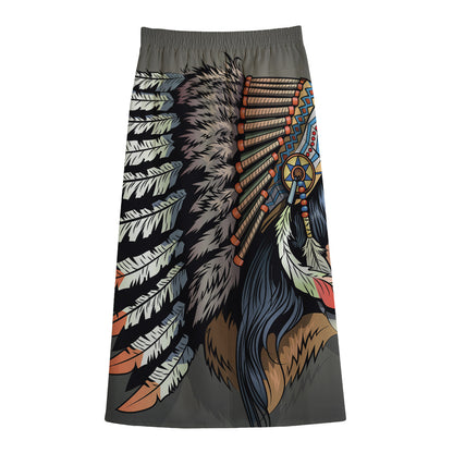 Native American Indian Girl Print Cotton Front Slit Maxi Skirt