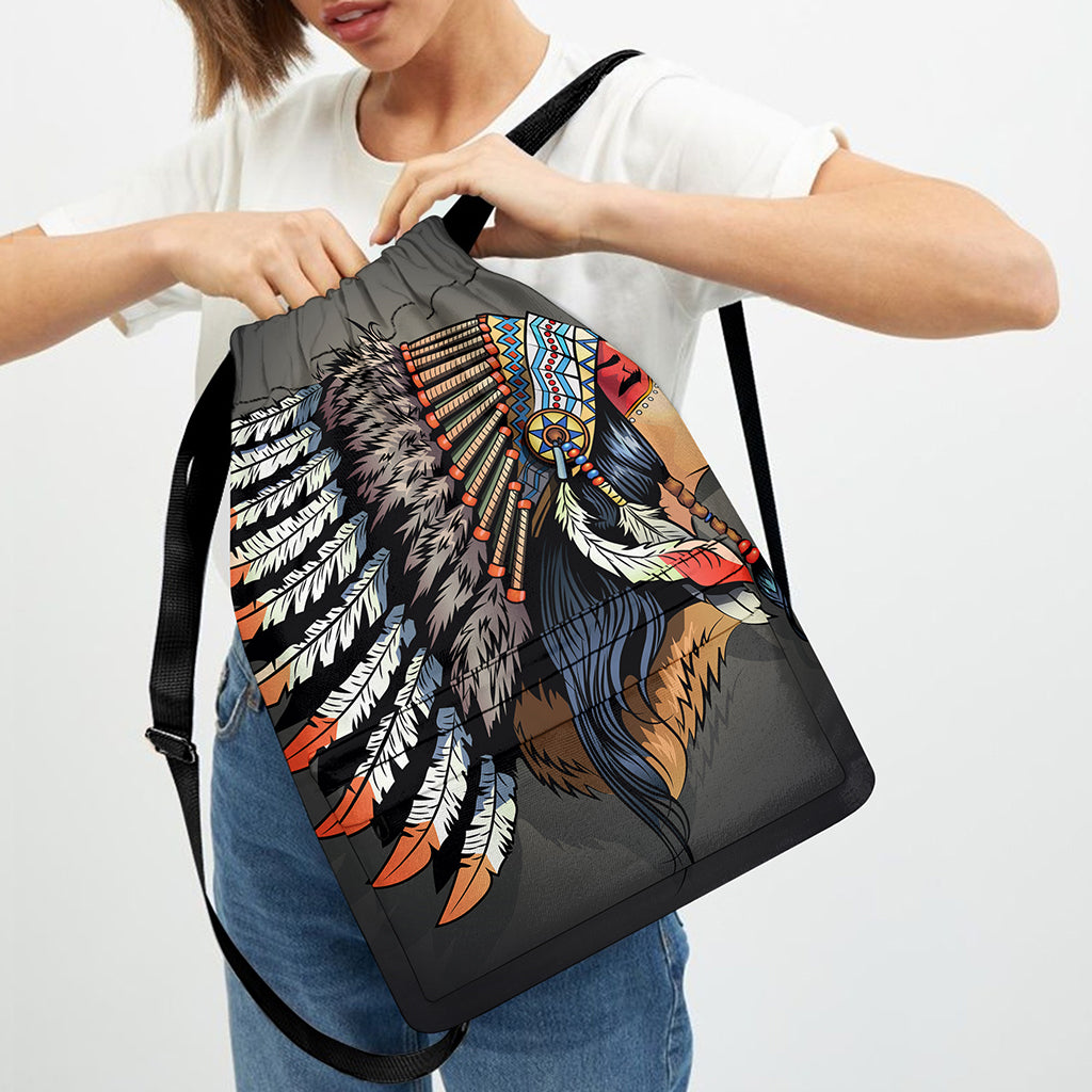 Native American Indian Girl Print Drawstring Backpack