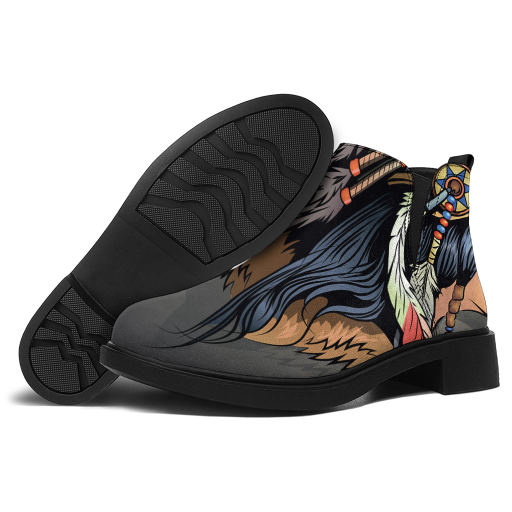 Native American Indian Girl Print Flat Ankle Boots