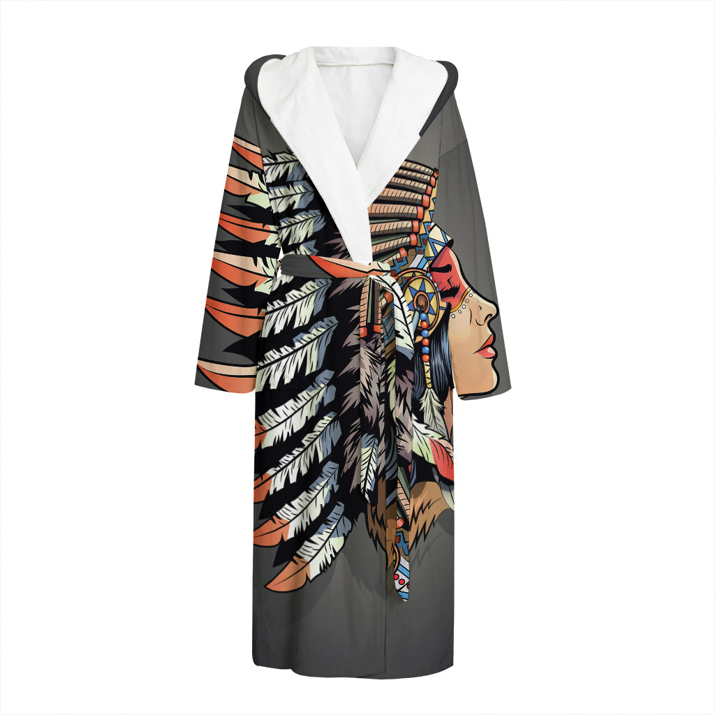 Native American Indian Girl Print Hooded Bathrobe