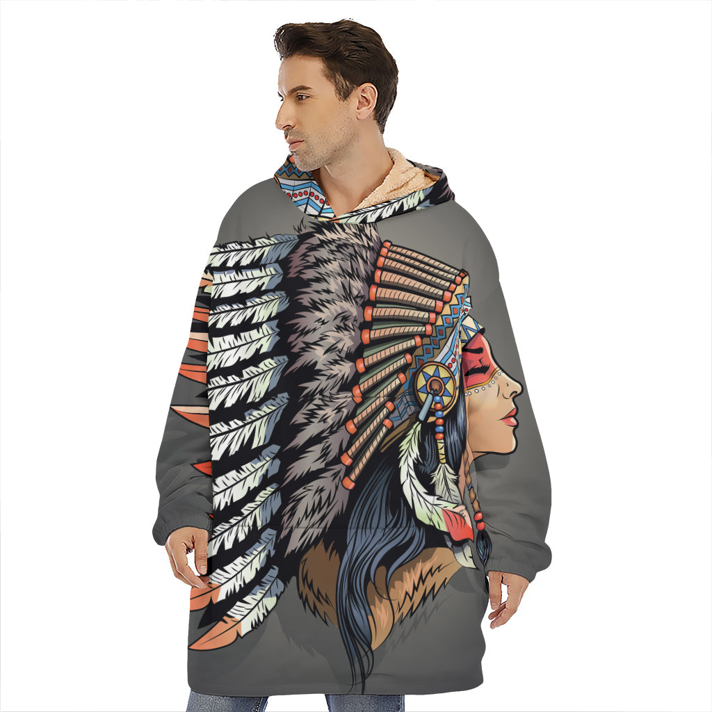 Native American Indian Girl Print Hoodie Blanket