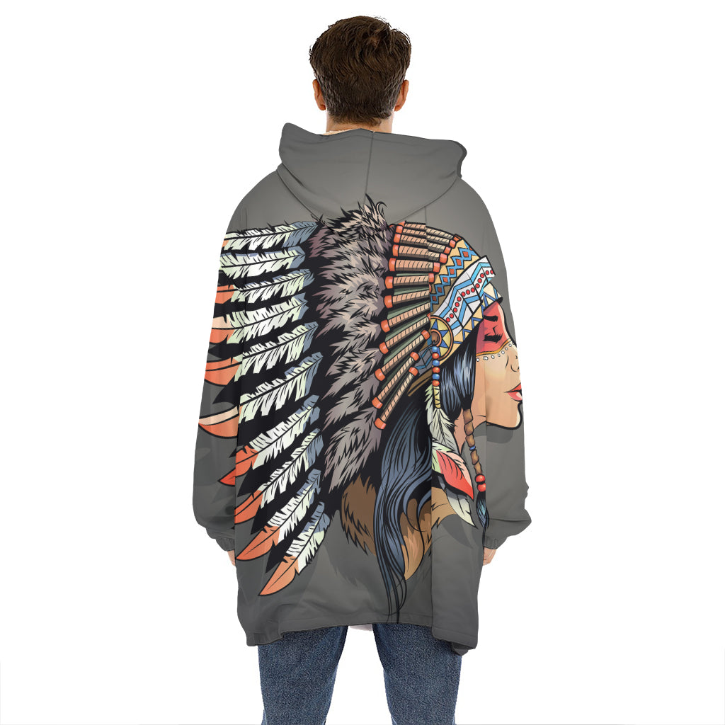 Native American Indian Girl Print Hoodie Blanket