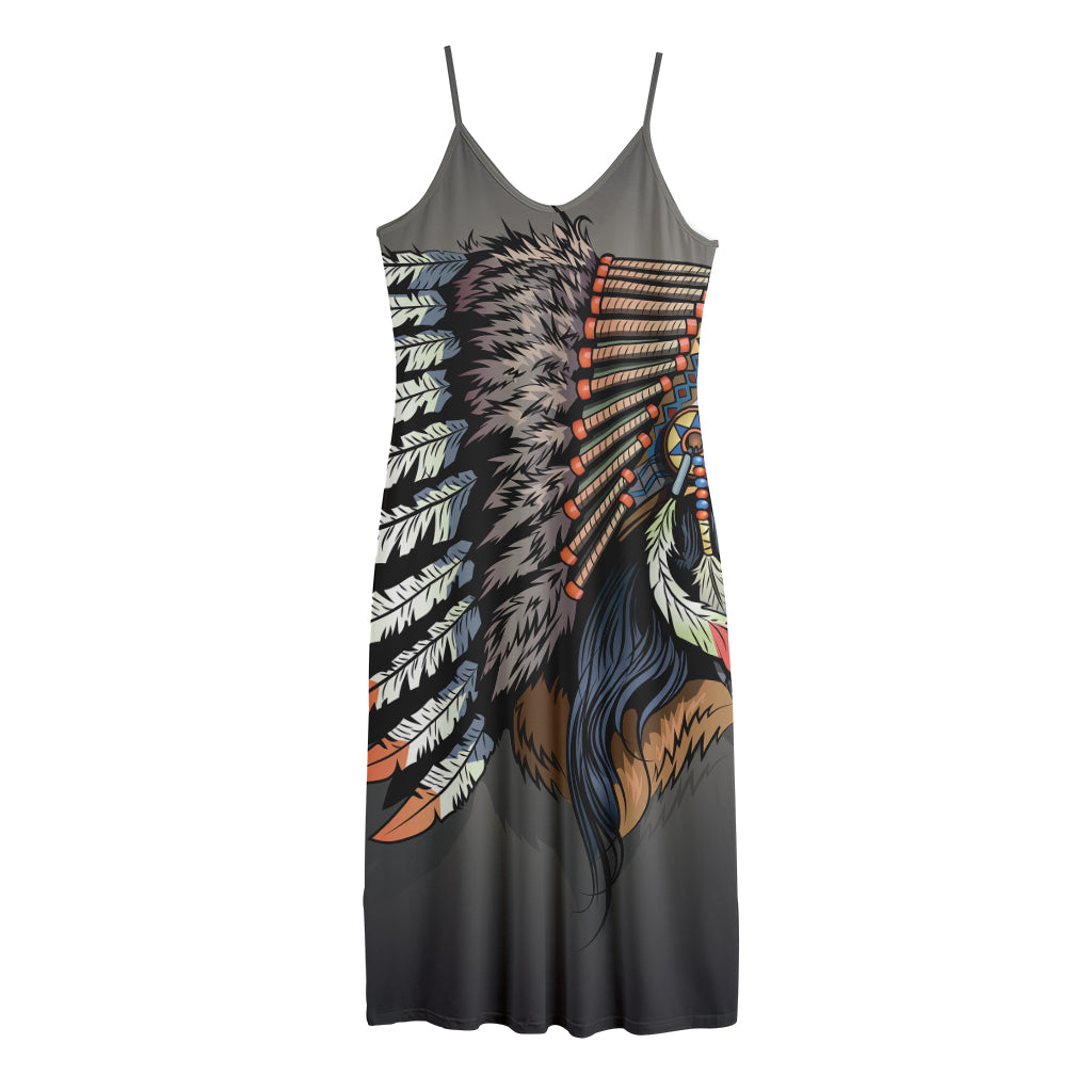 Native American Indian Girl Print Jersey Midi Cami Dress