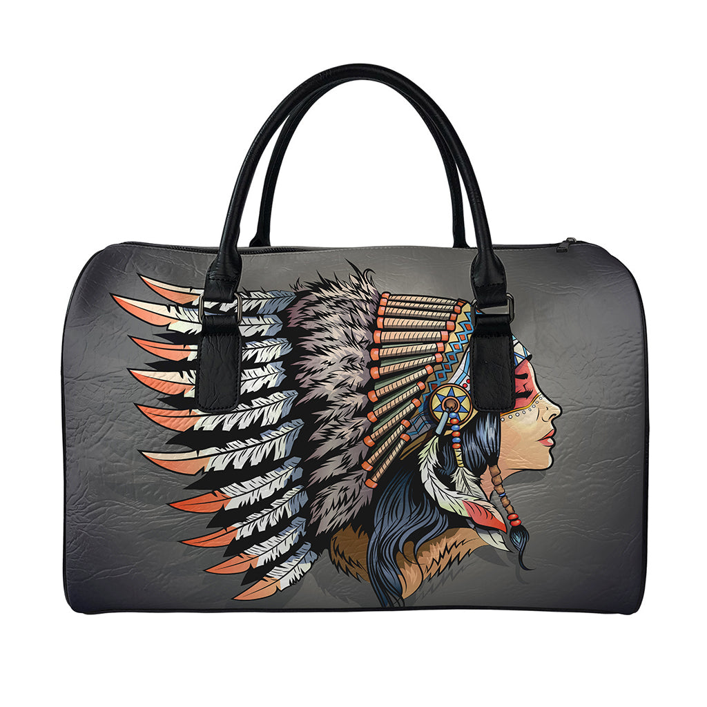 Native American Indian Girl Print Leather Duffle Bag