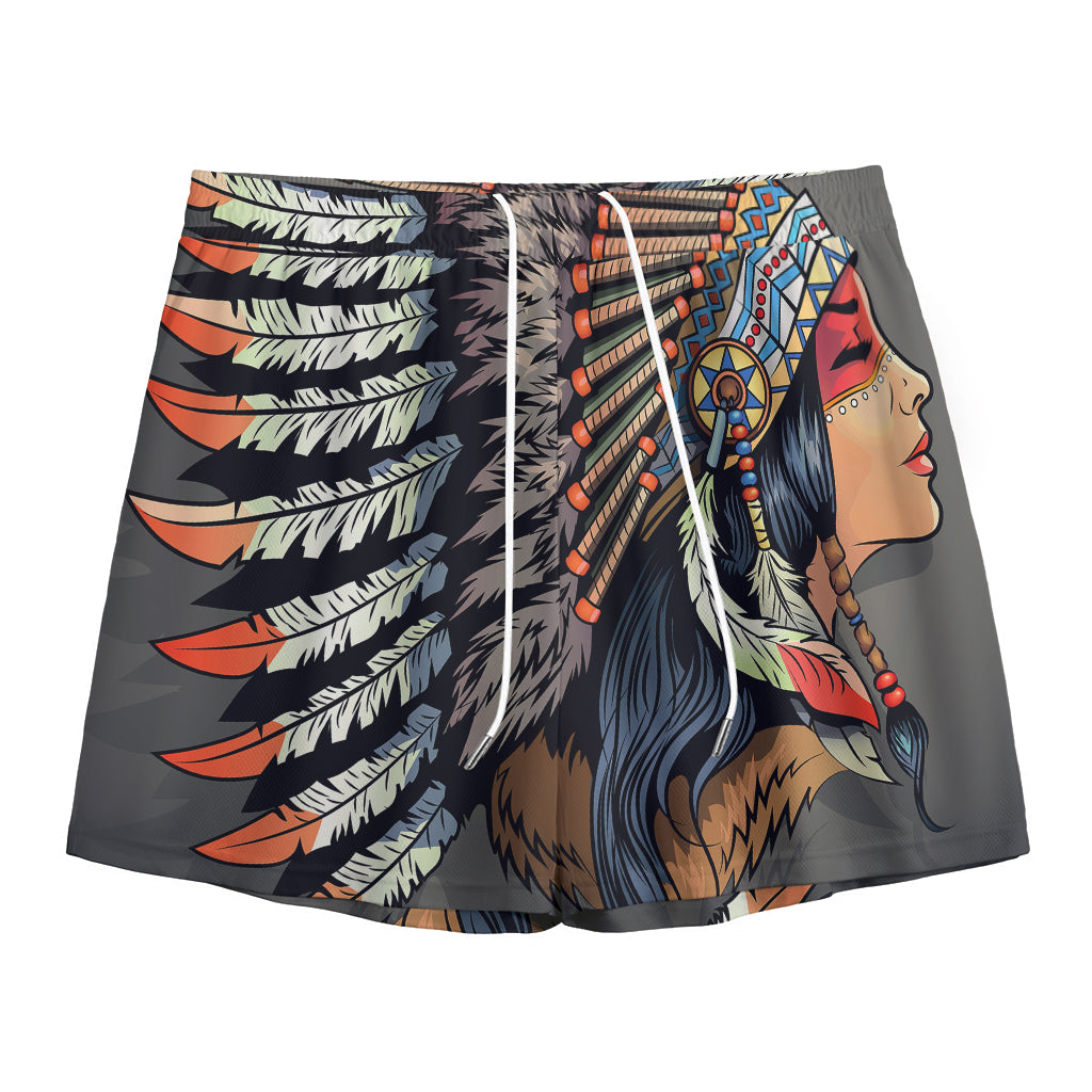 Native American Indian Girl Print Mesh Shorts