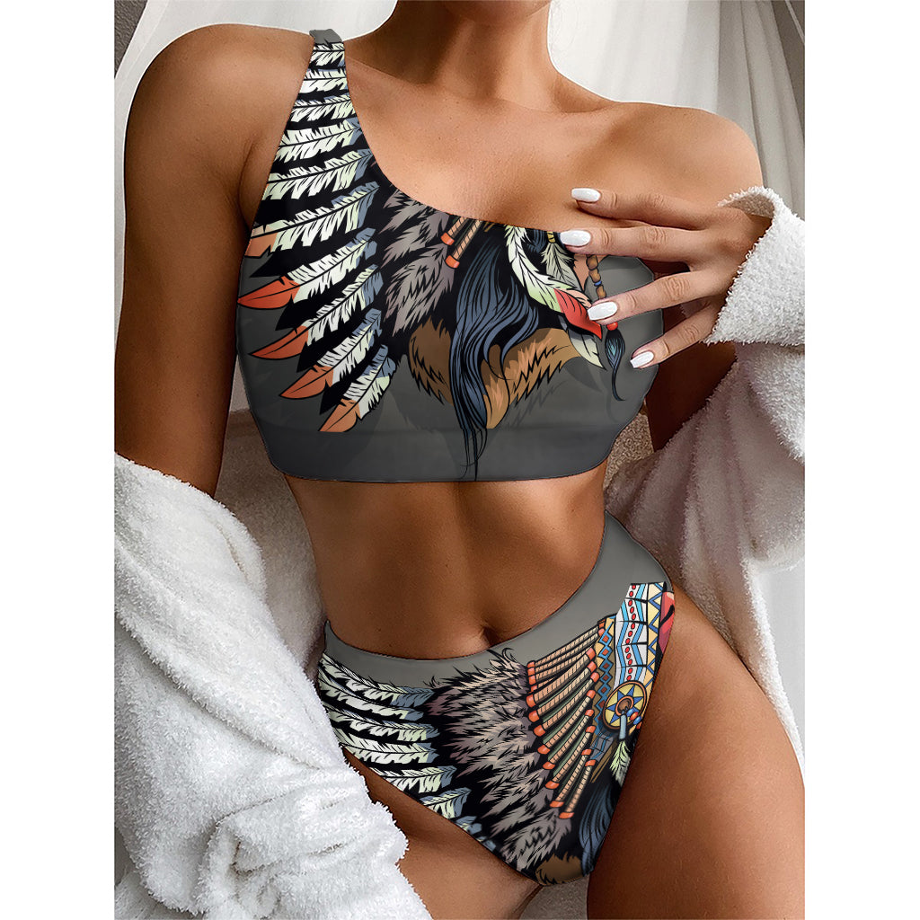 Native American Indian Girl Print One Shoulder Bikini Top