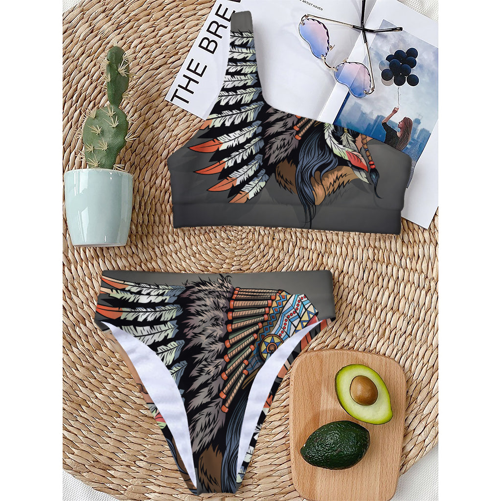 Native American Indian Girl Print One Shoulder Bikini Top