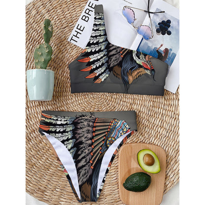 Native American Indian Girl Print One Shoulder Bikini Top