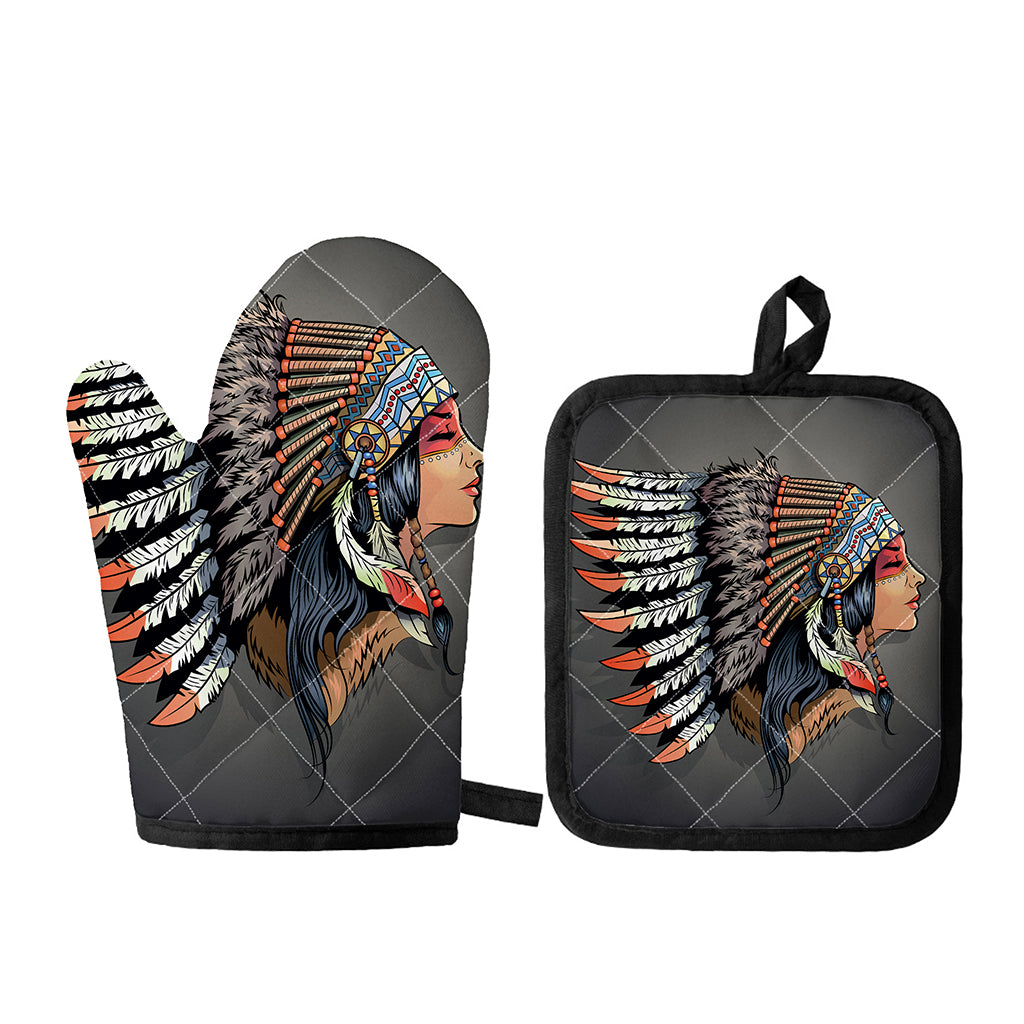 Native American Indian Girl Print Oven Mitt And Pot Holder Set