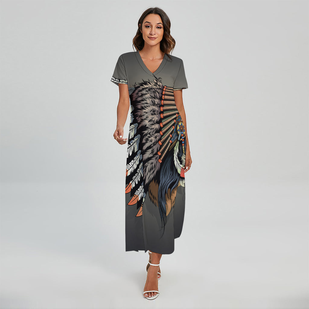 Native American Indian Girl Print Short Sleeve Maxi Dress
