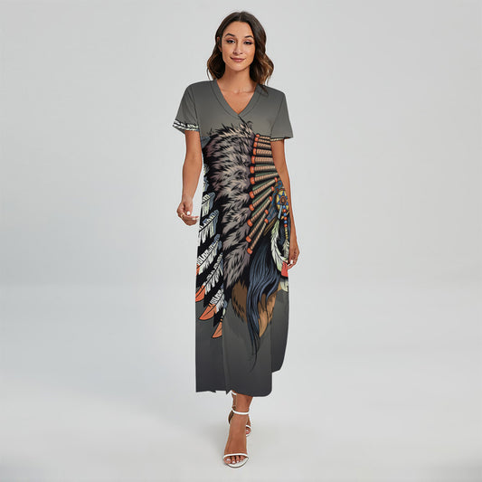 Native American Indian Girl Print Short Sleeve Maxi Dress
