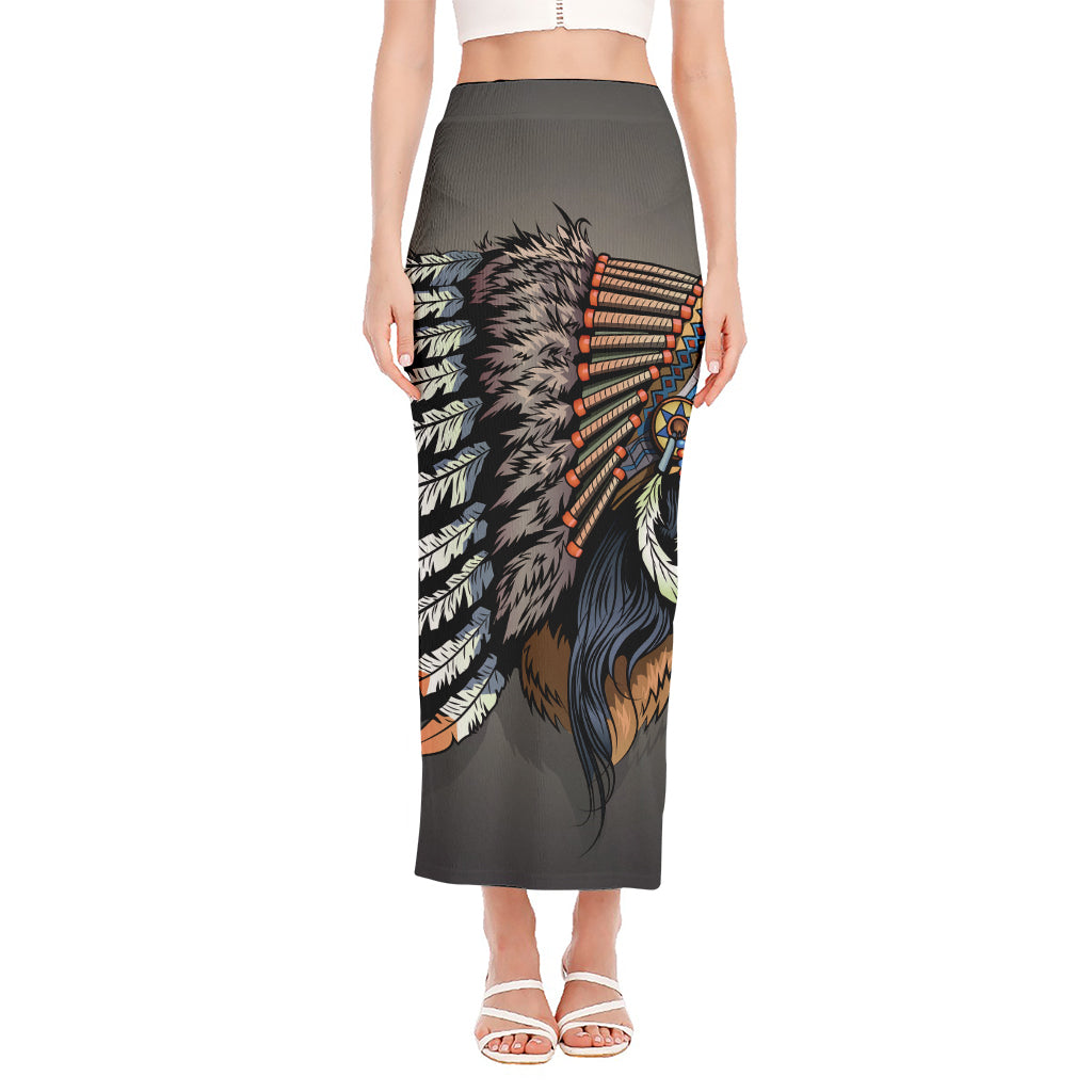 Native American Indian Girl Print Side Slit Maxi Skirt