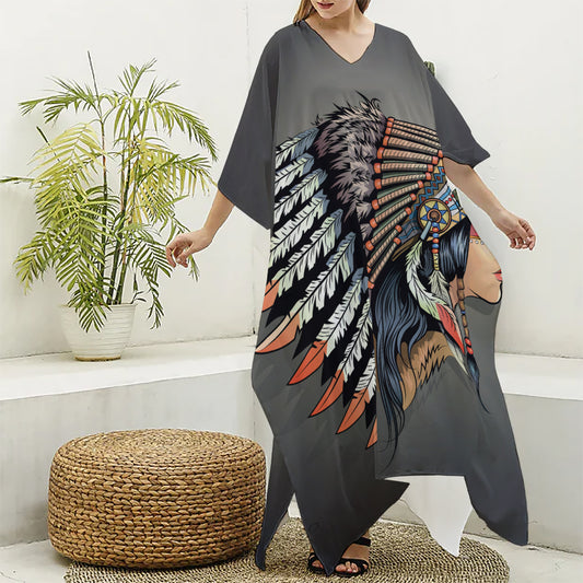 Native American Indian Girl Print Silk V-Neck Kaftan Dress