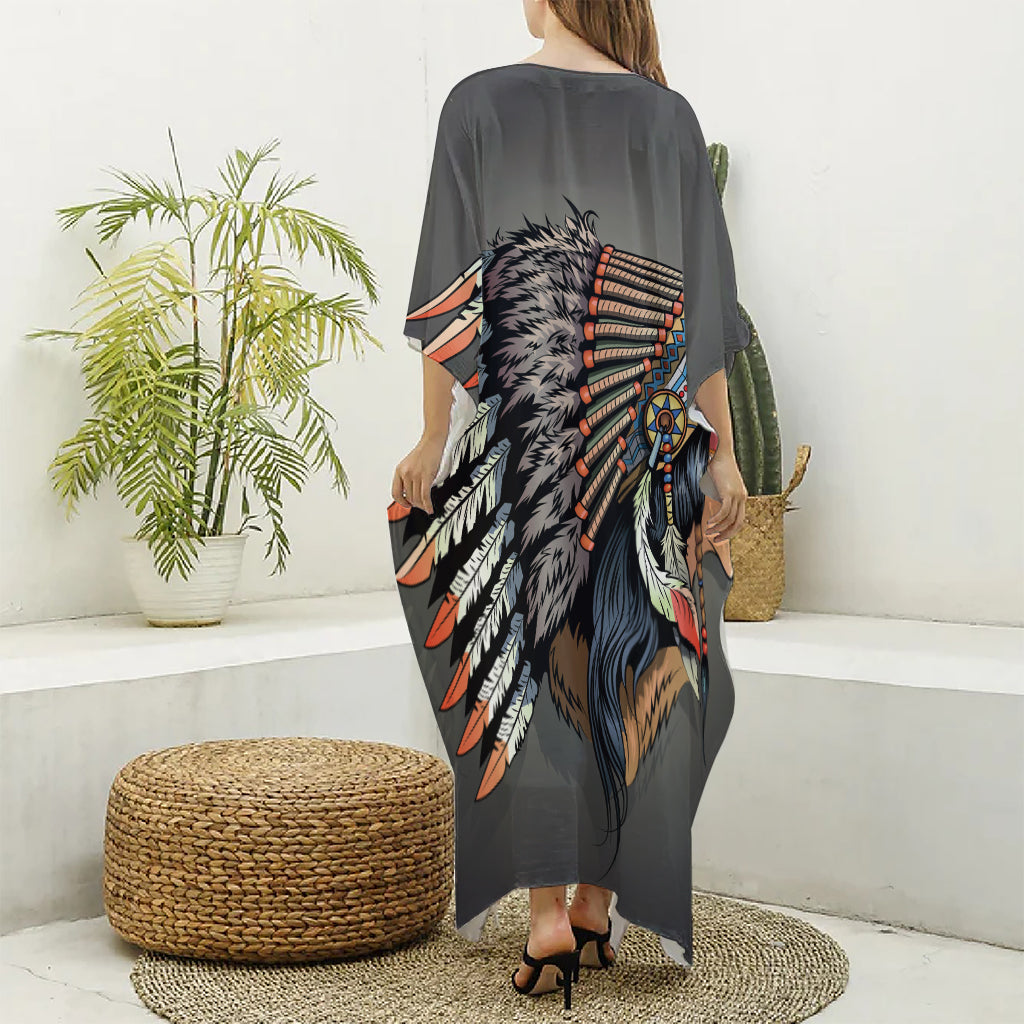 Native American Indian Girl Print Silk V-Neck Kaftan Dress