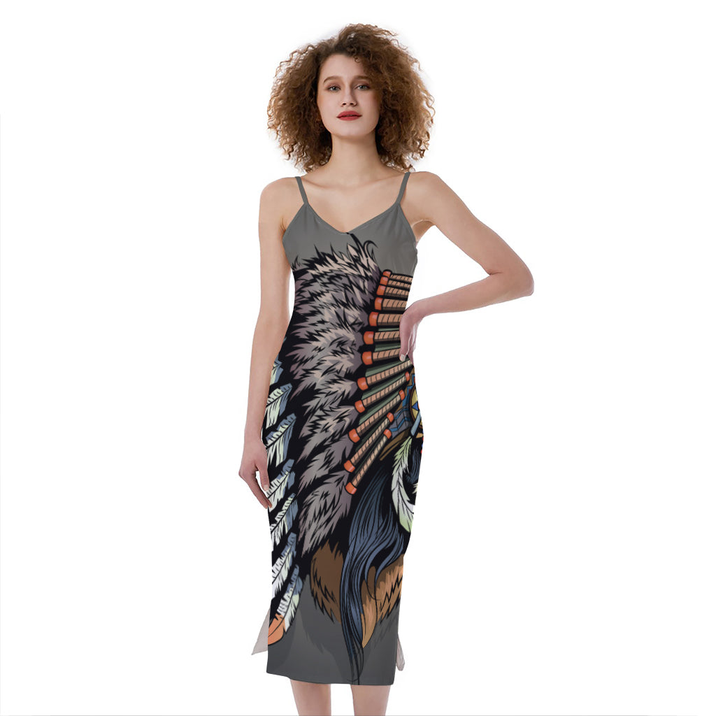 Native American Indian Girl Print Slim Fit Midi Cami Dress