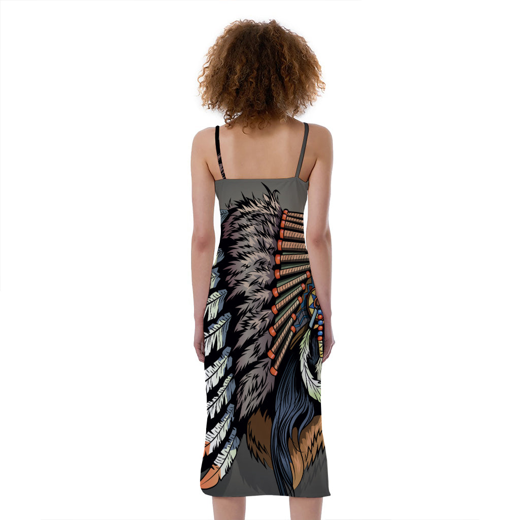 Native American Indian Girl Print Slim Fit Midi Cami Dress