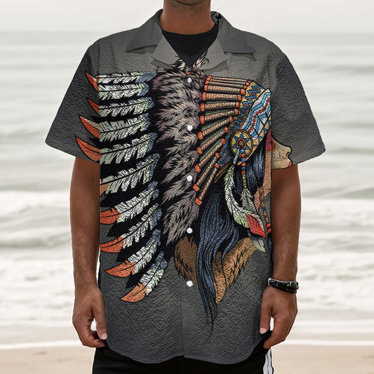 Native American Indian Girl Print Textured Short Sleeve Shirt