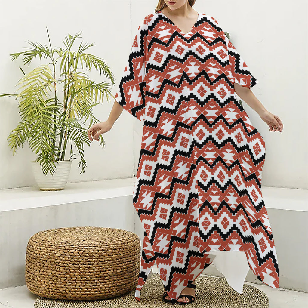 Native American Indian Pattern Print Silk V-Neck Kaftan Dress