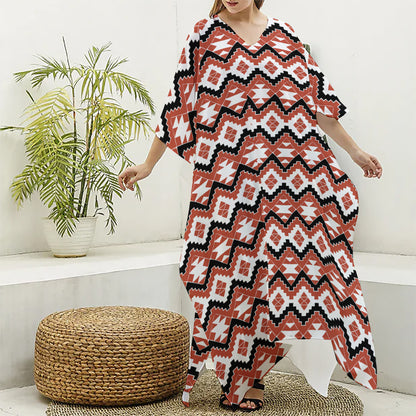 Native American Indian Pattern Print Silk V-Neck Kaftan Dress