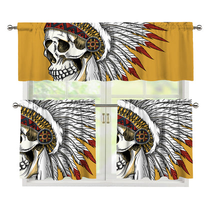 Native American Indian Skull Print 3 Piece Kitchen Curtains