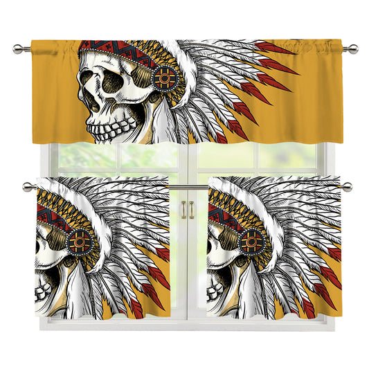 Native American Indian Skull Print 3 Piece Kitchen Curtains