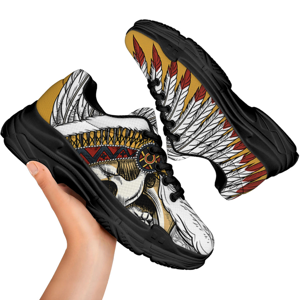 Native American Indian Skull Print Black Chunky Shoes