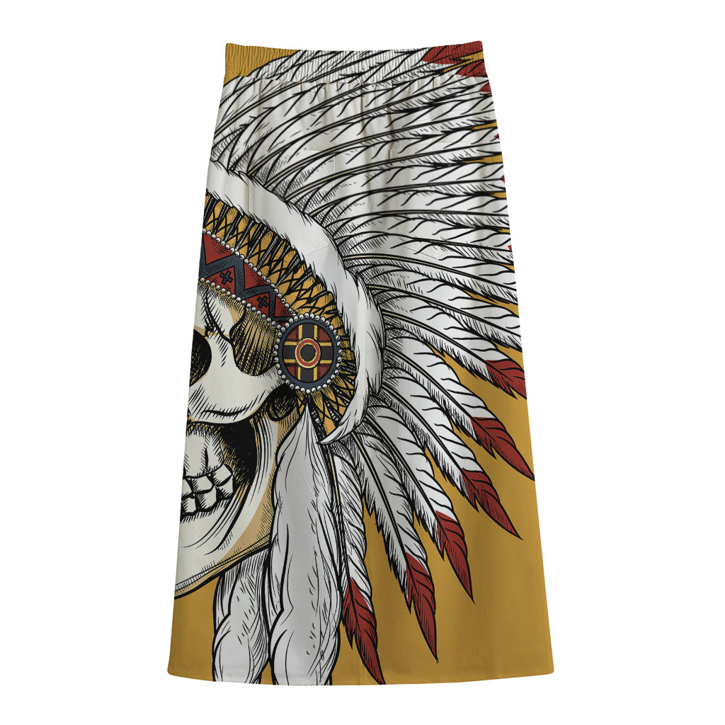 Native American Indian Skull Print Cotton Front Slit Maxi Skirt