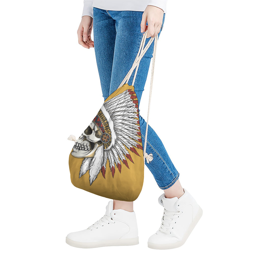 Native American Indian Skull Print Drawstring Bag