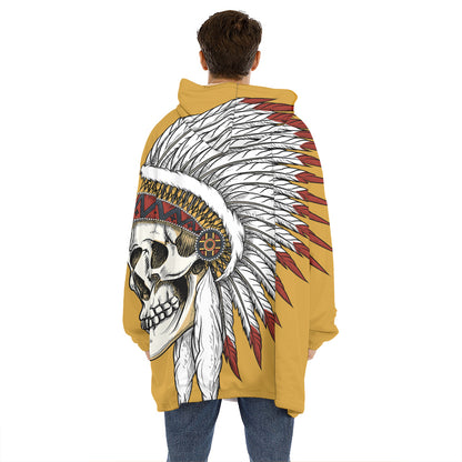 Native American Indian Skull Print Hoodie Blanket
