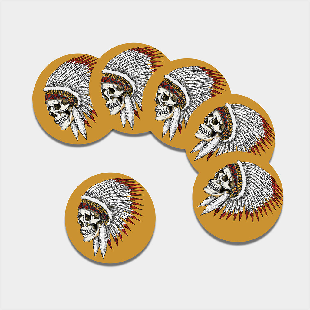 Native American Indian Skull Print Leather Coaster Set