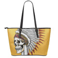 Native American Indian Skull Print Leather Tote Bag With Zipper