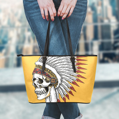Native American Indian Skull Print Leather Tote Bag